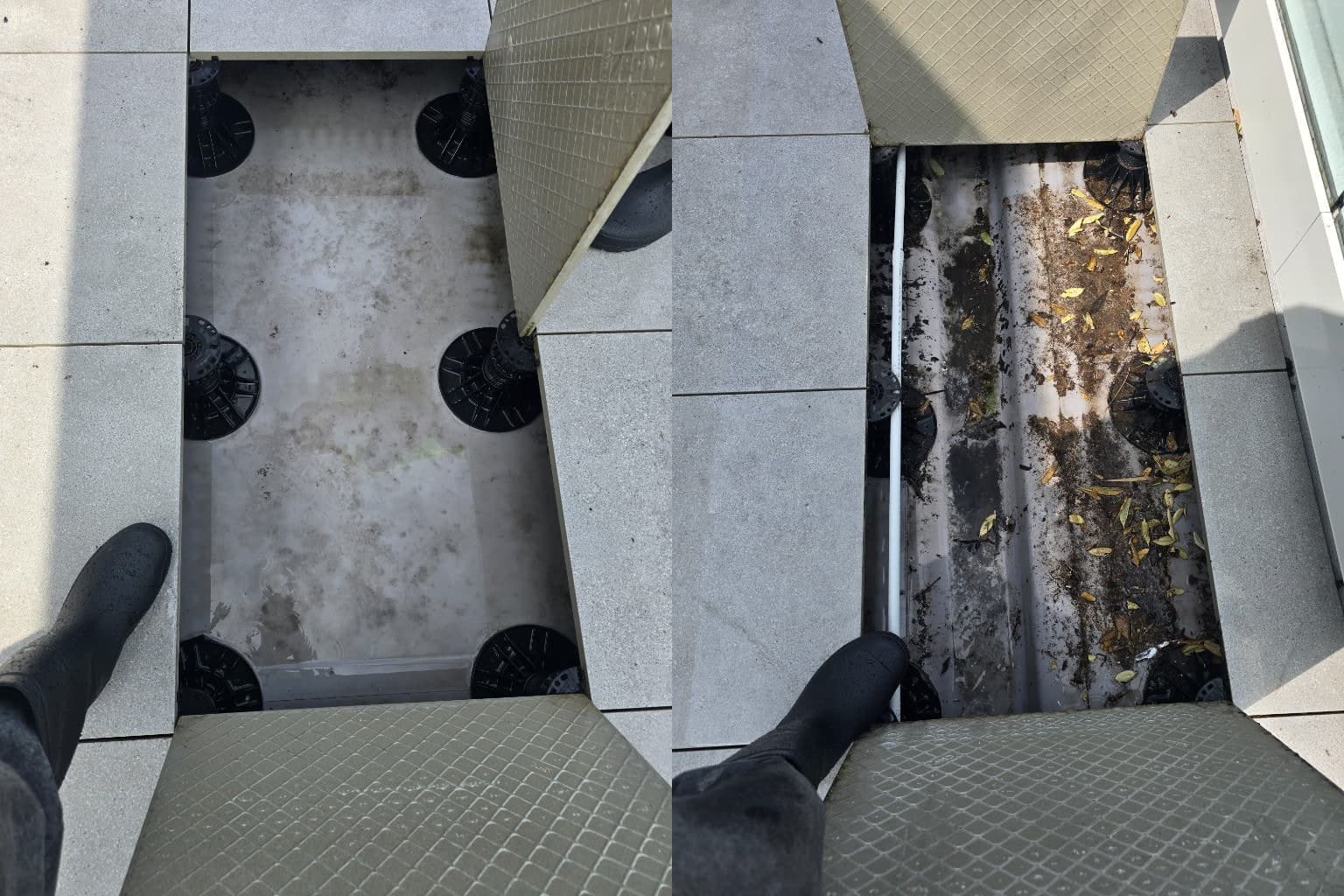Pedestal deck wash — under tiles